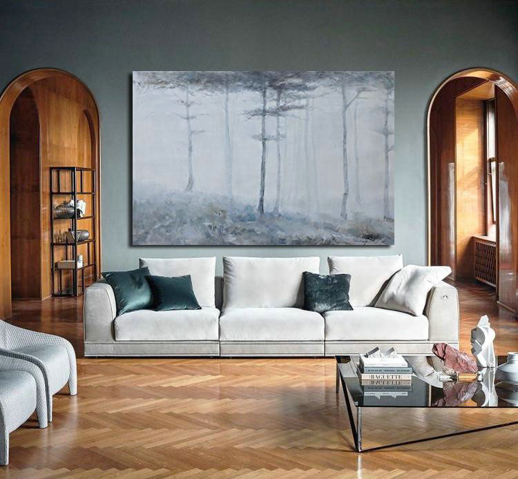 Large Abstract Painting On Canvas,Horizontal Abstract Landscape Oil Painting On Canvas,Canvas Wall Art,White,Grey,Black